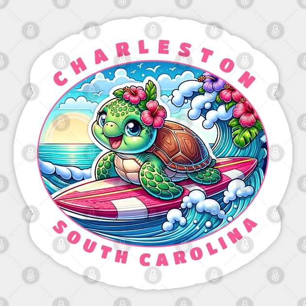 Charleston South Carolina Girls Cute Surfing Sea Turtle Sticker by grendelfly73